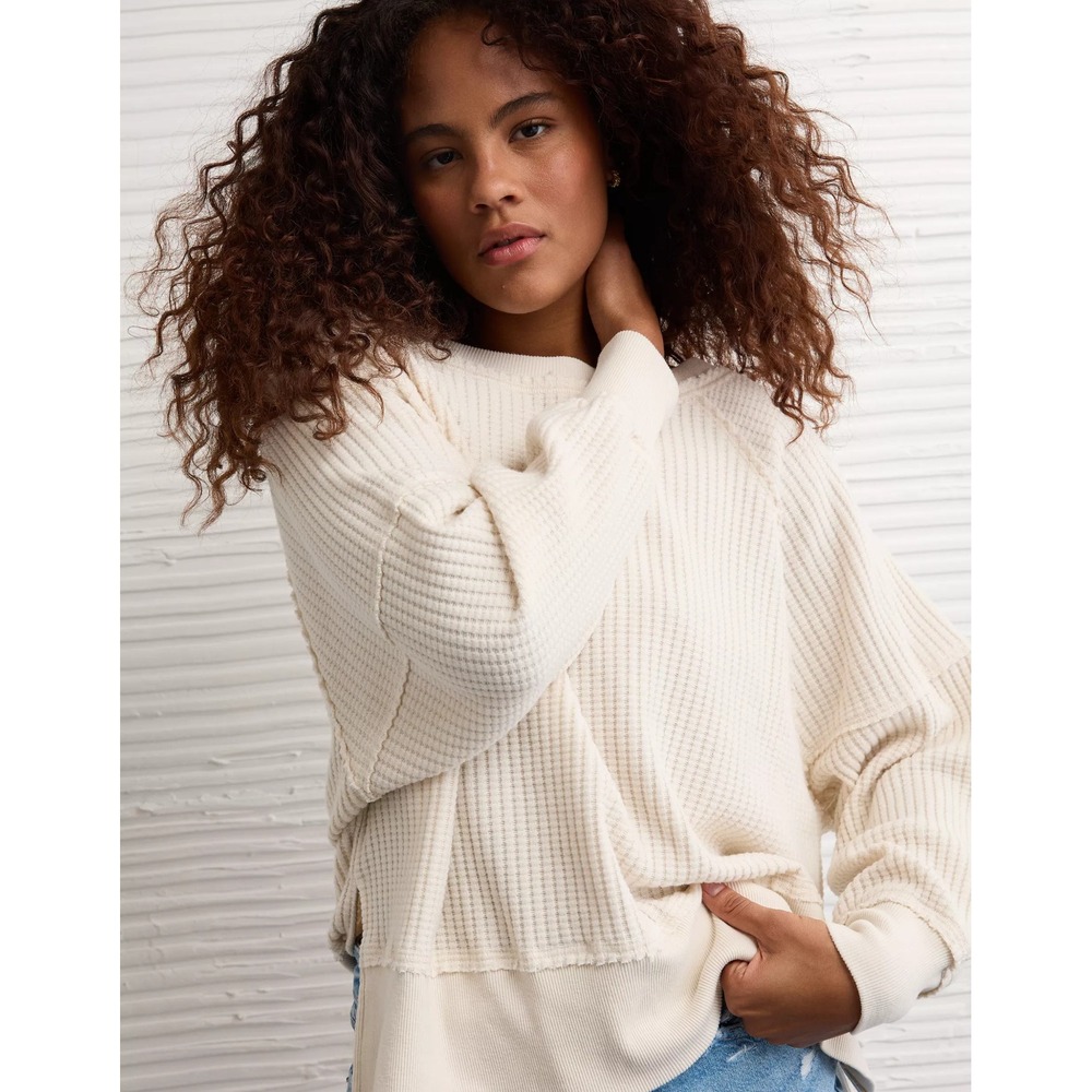 American Eagle Large Big Hug Off-the-Shoulder Waffle Sweatshirt Oversized Boho